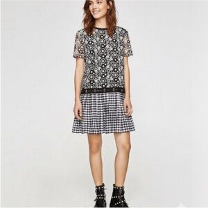 NWT Zara Trafaluc black and white floral lace top and gingham plaid skirt dress